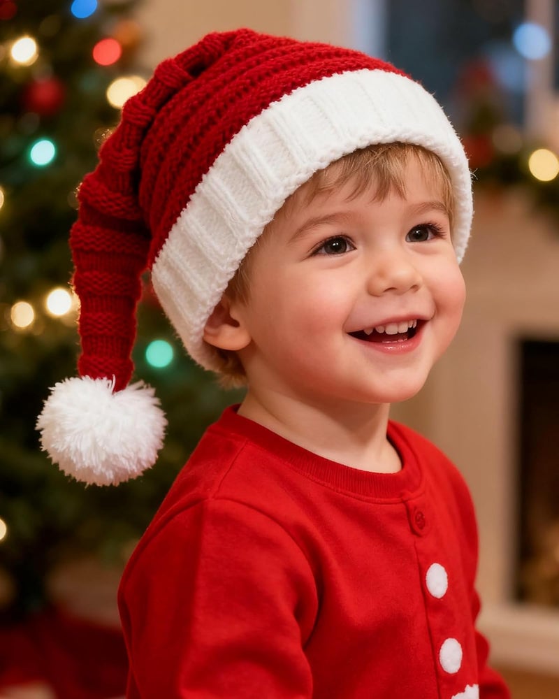 Asikkon Baby Christmas Knit Santa Hat Kids Knitted Beanie Hat for Infant Toddle 0 to 5 Years Old Red - Image 2